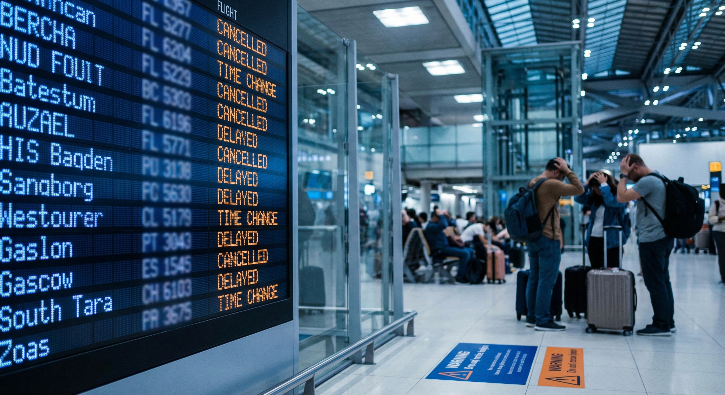 Anzeigetafel am Flughafen zeigt annullierte und verspätete Flüge