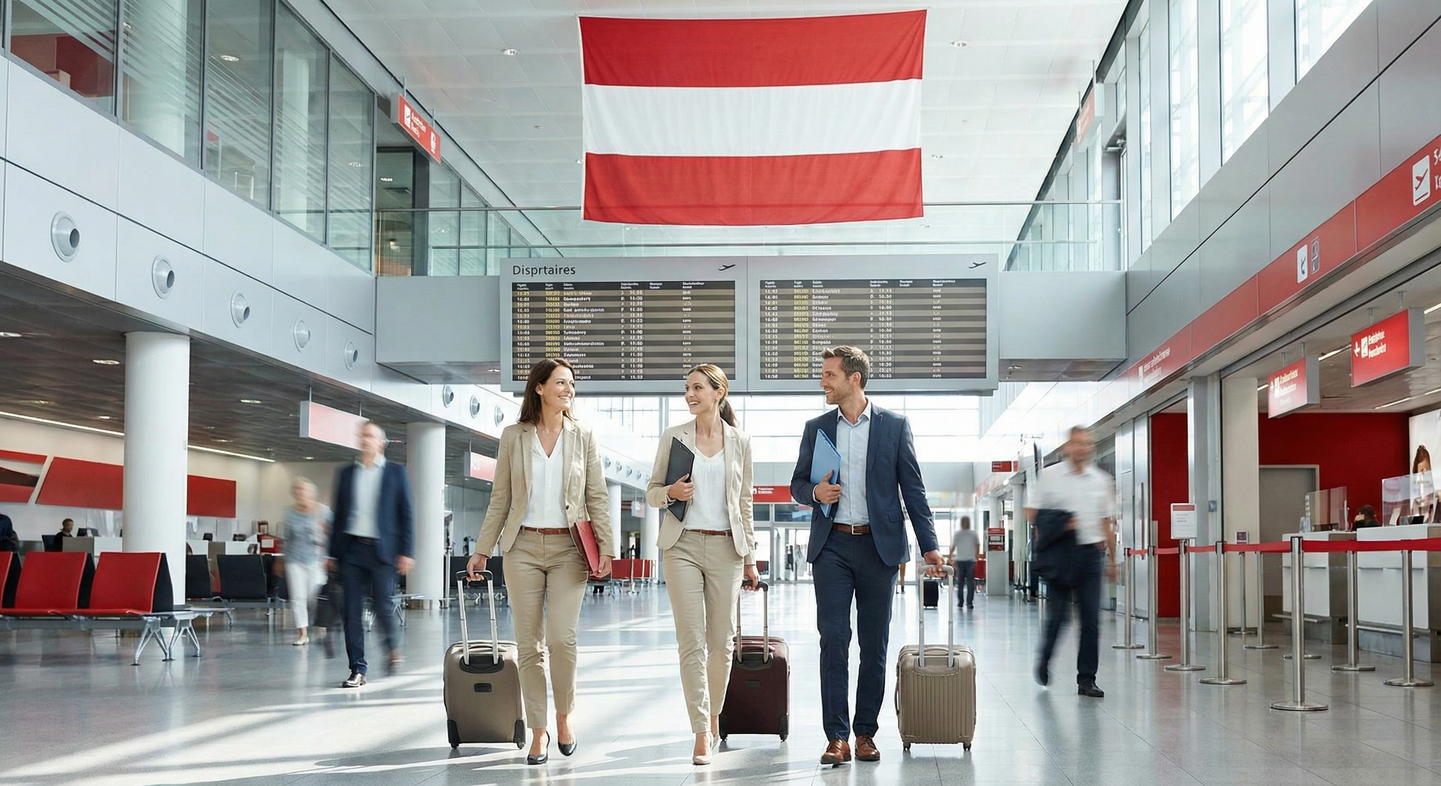 Österreichische Flagge am Flughafen mit Fluggästen die ihre Rechte kennen