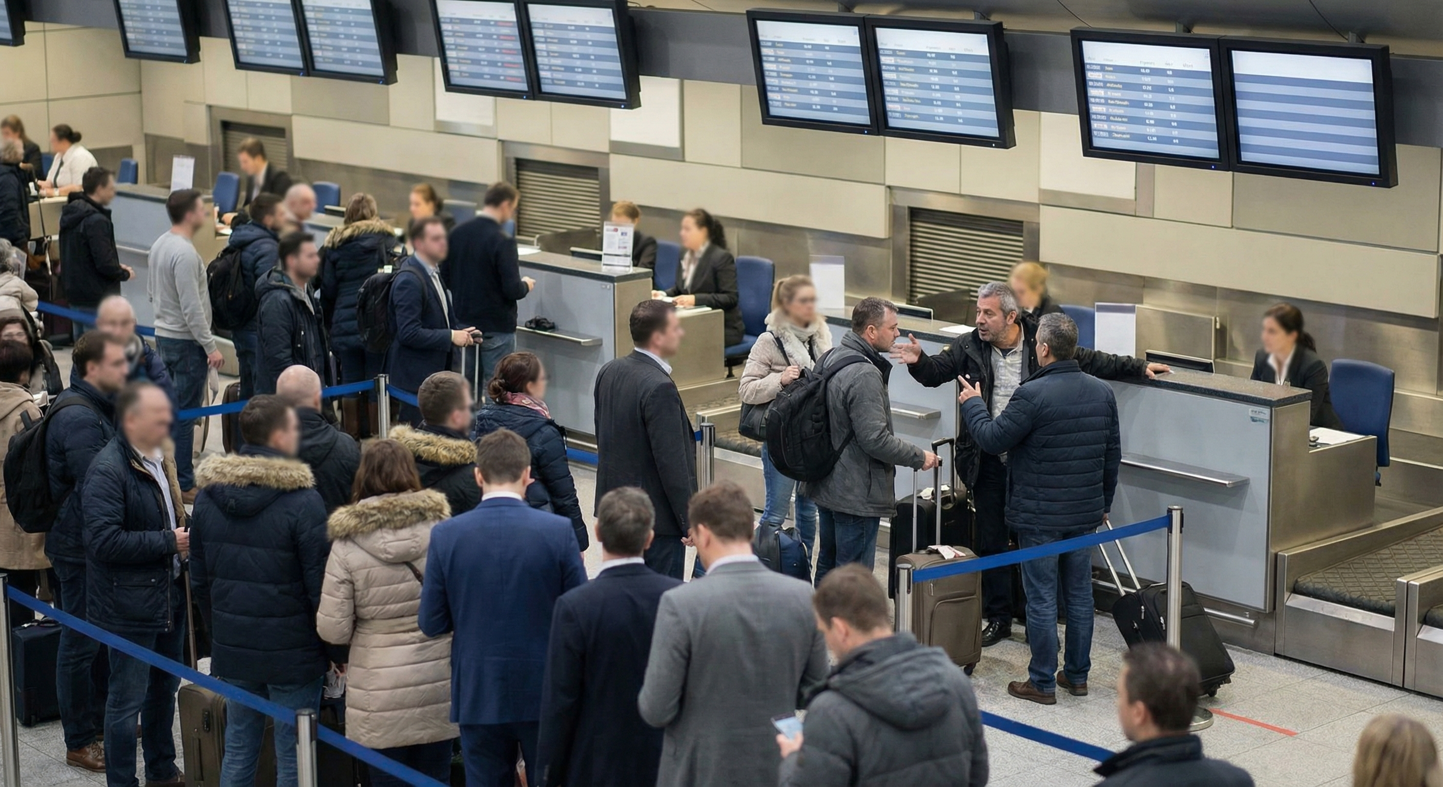 Überbuchter Flug am Gate - Passagiere warten auf Boarding