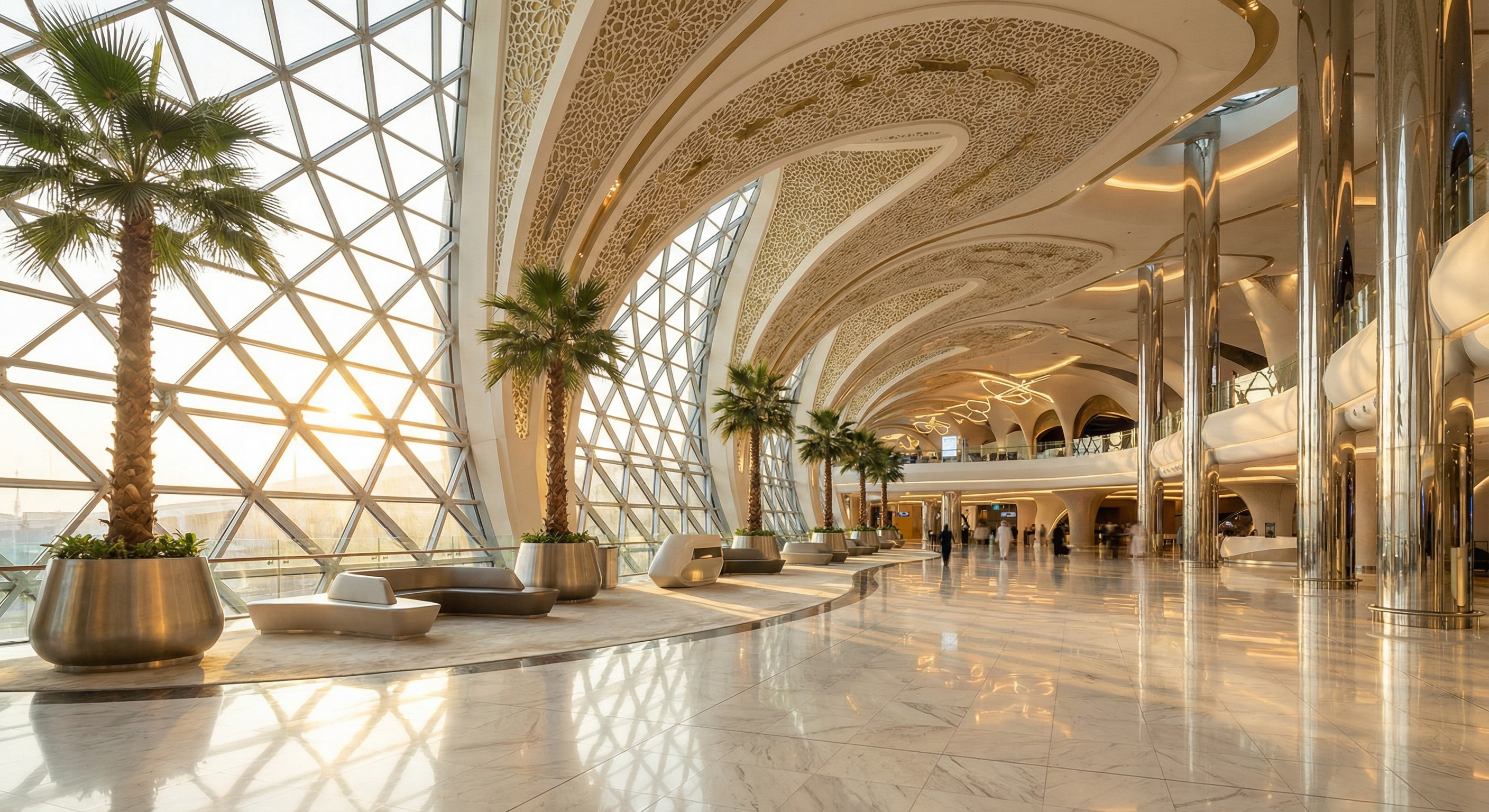 Dubai International Airport Terminal 3 mit Emirates Flugzeugen und wartenden Passagieren