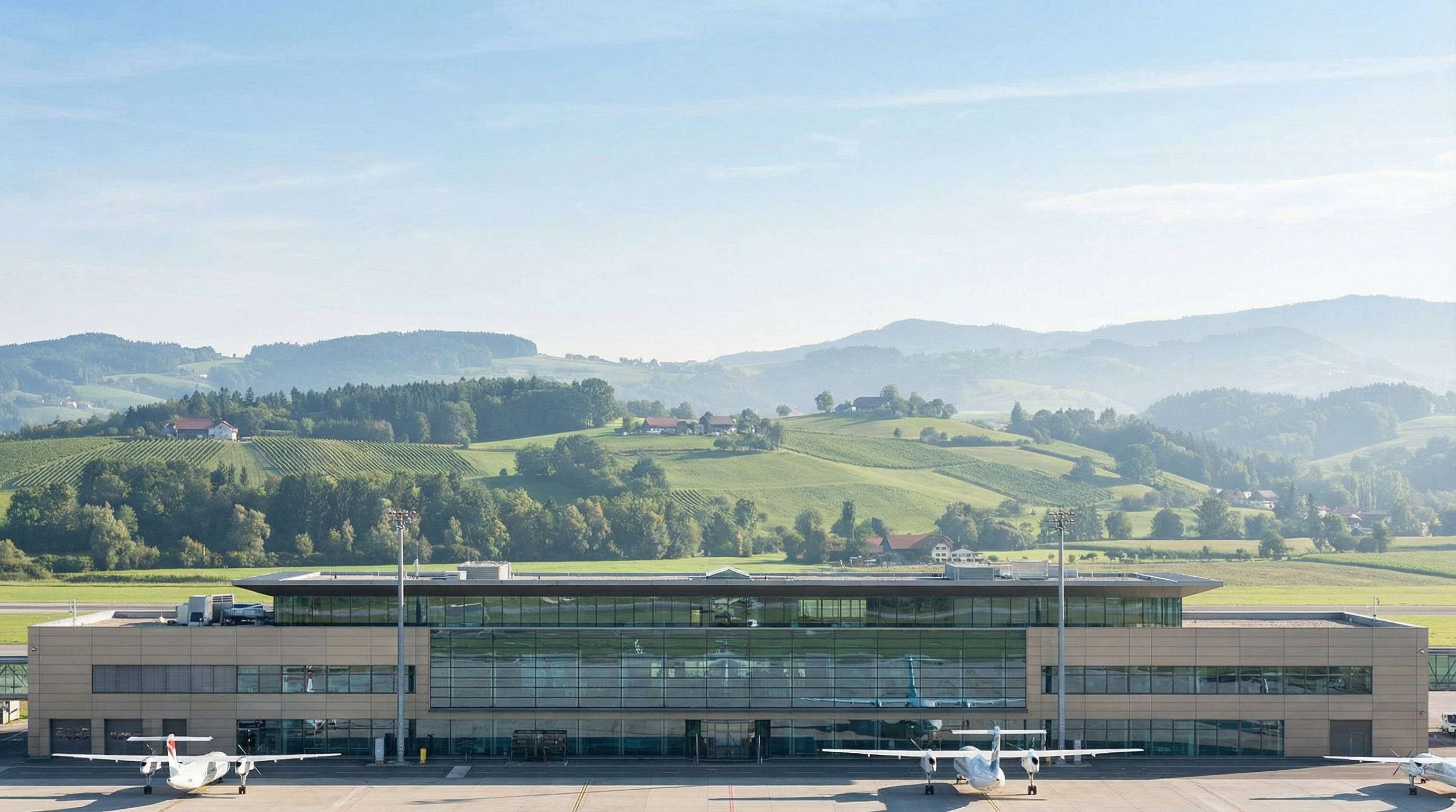 Flughafen Graz mit Blick auf die Landschaft der Steiermark
