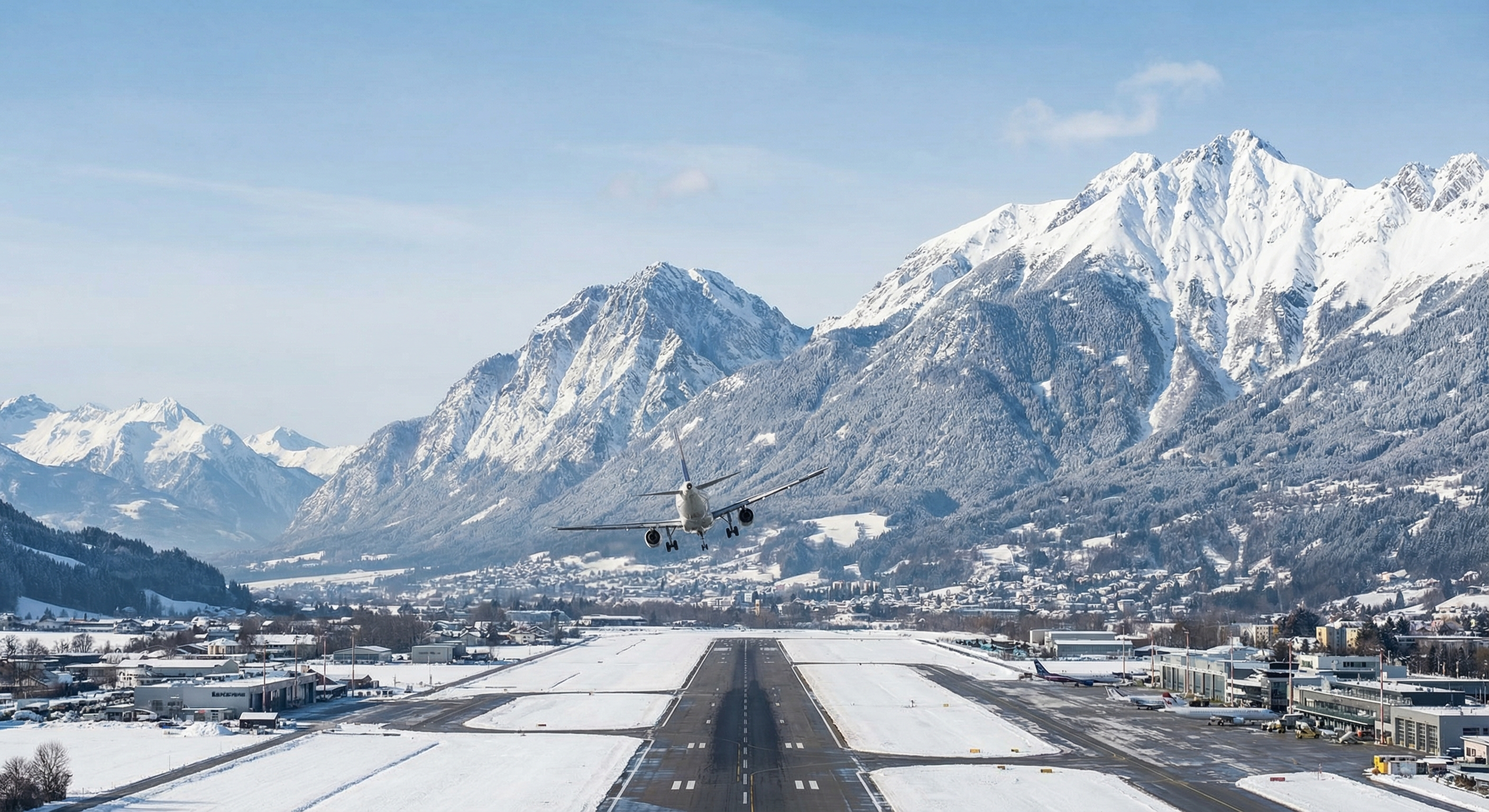 Flughafen Innsbruck mit Nordkette und Alpen bei winterlichen Bedingungen