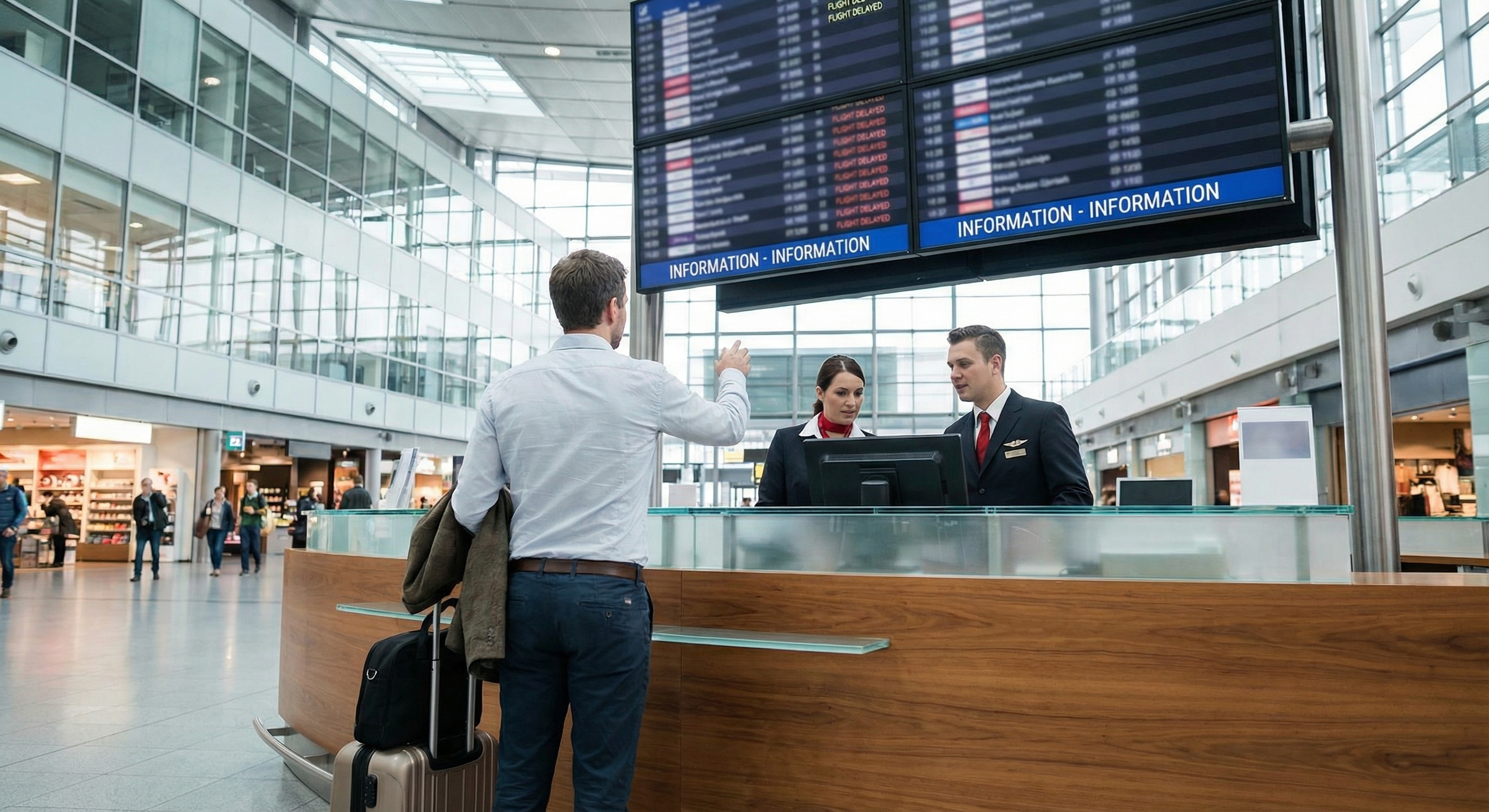 Passagier mit Smartphone am Flughafen Wien-Schwechat bei Verspätung