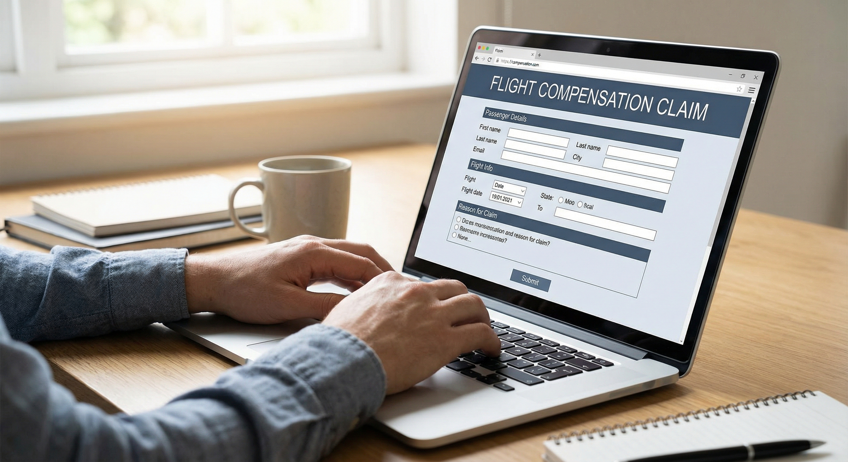 Passagier füllt Formular für Flugentschädigung am Flughafen aus