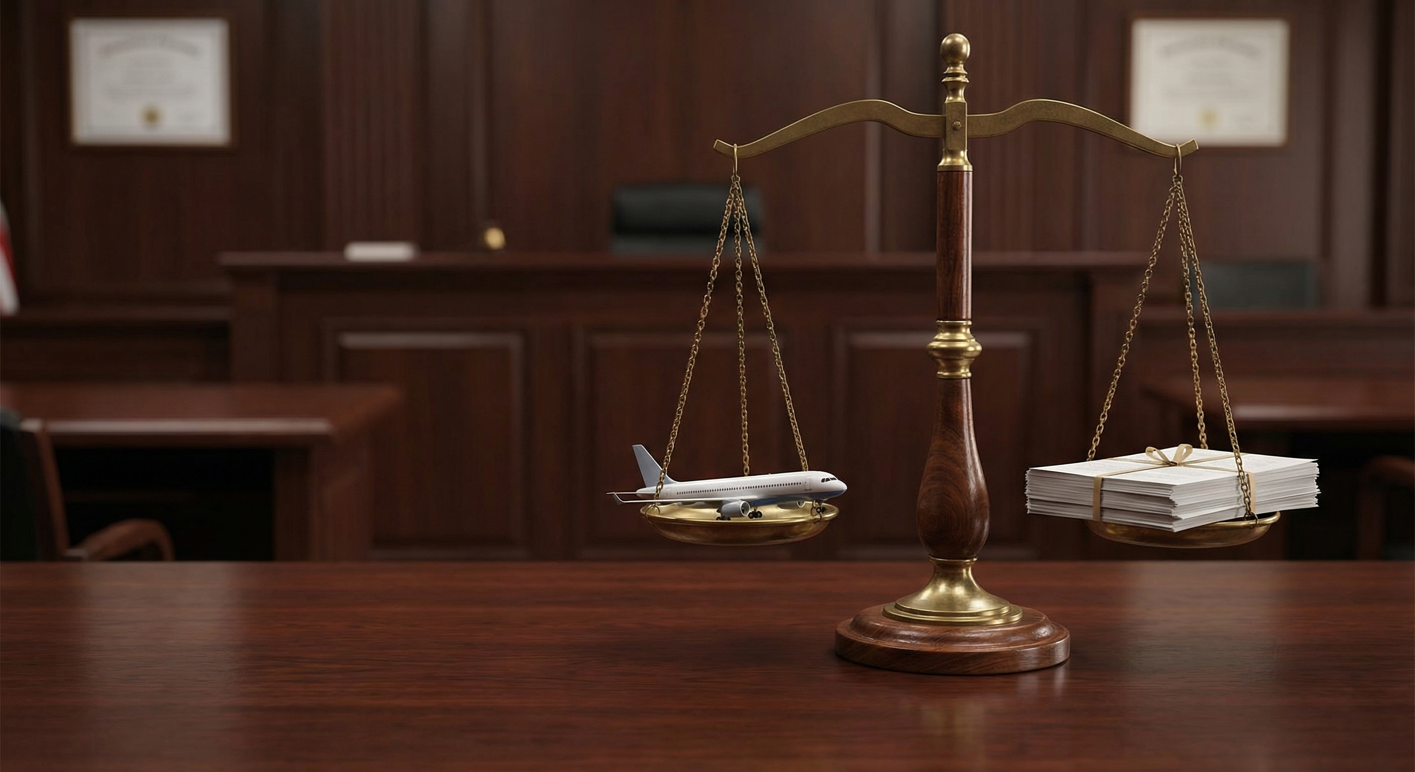 Gerichtssaal mit Richterhammer - Gerichtsweg bei Flugentschädigung