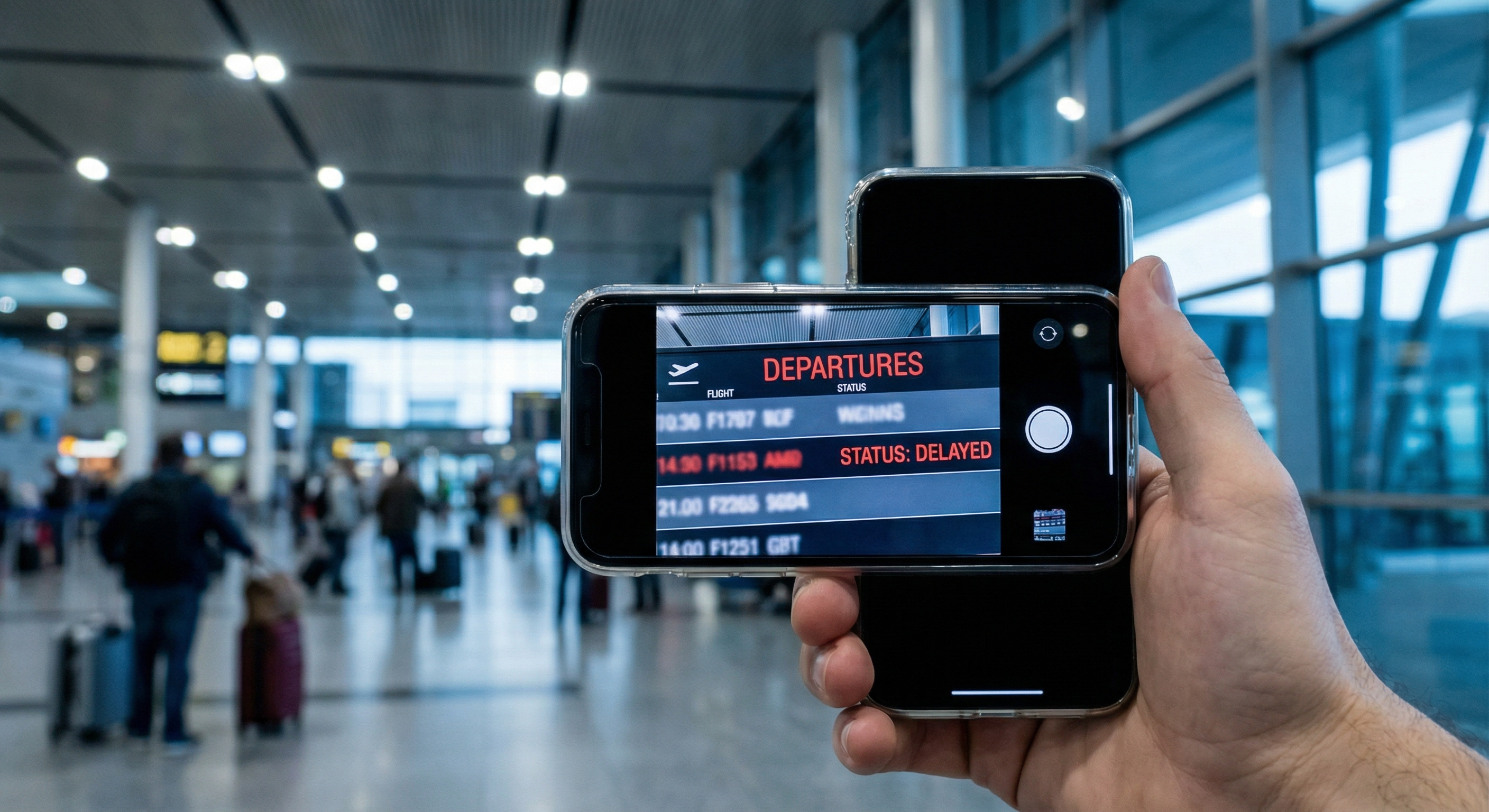 Passagier dokumentiert Flugverspätung am Flughafen mit Smartphone