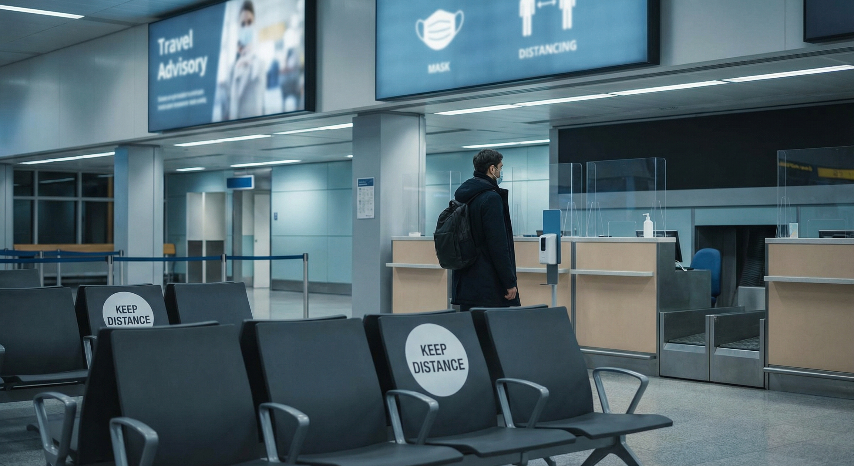 Passagiere mit Masken am Flughafen während COVID-19 Pandemie